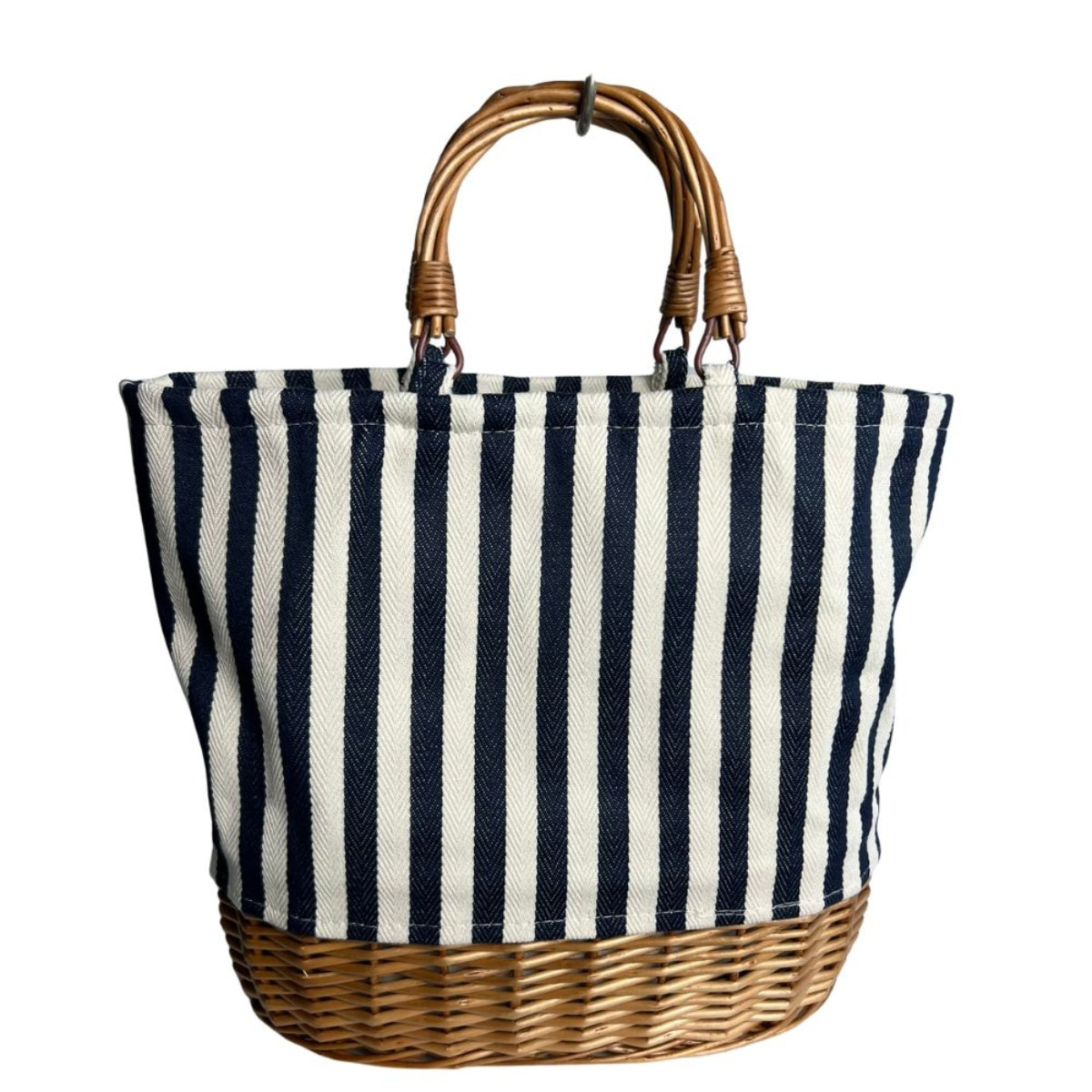 Strandtasche mit Korbgriff gestreift – stilvolle Baumwoll-Strandtasche mit Korbgriff