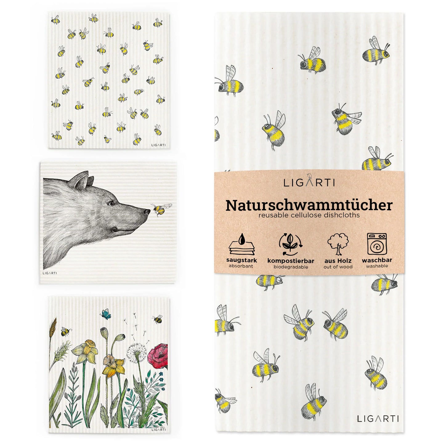 Schwammtuch 3er Set - Biene & Bär