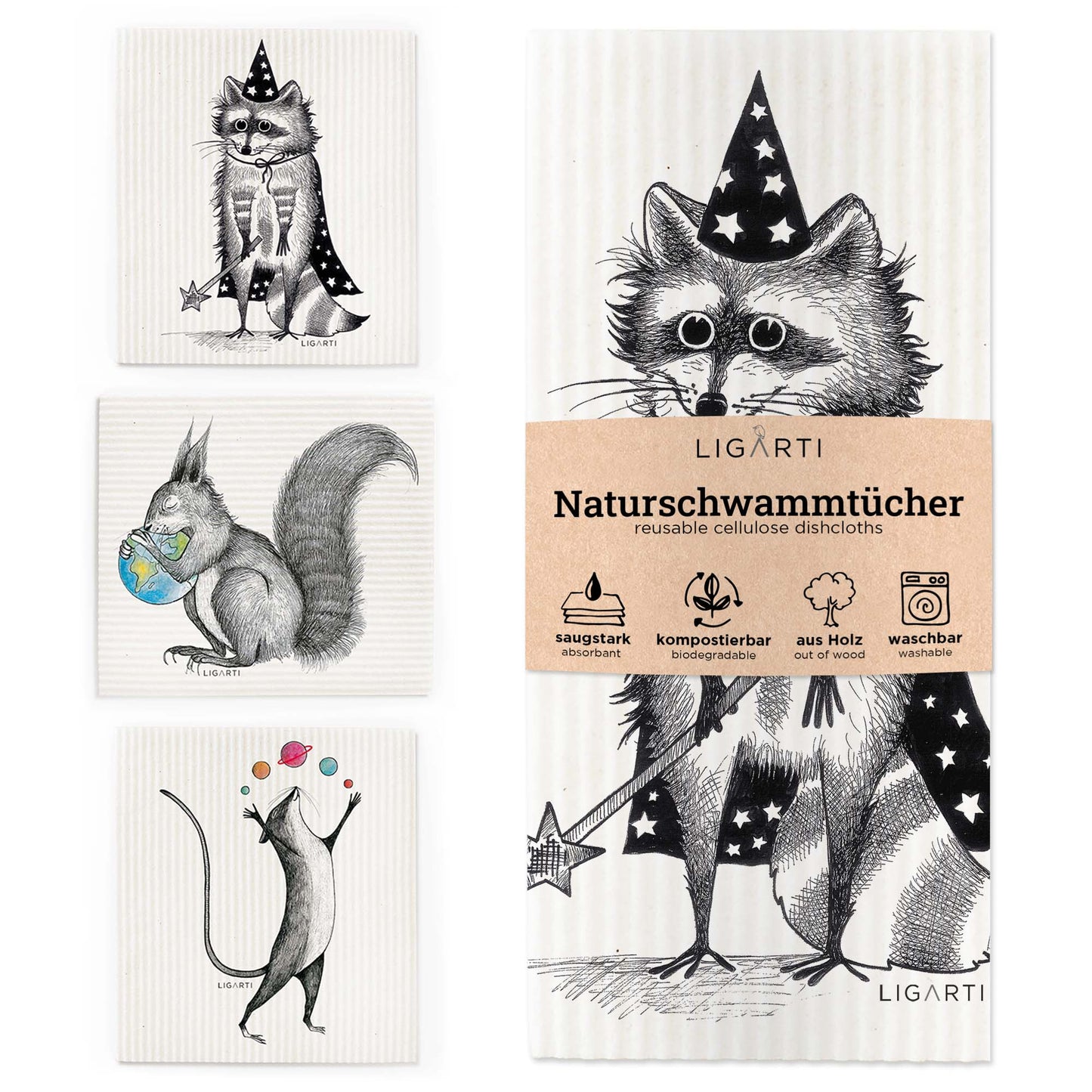 Schwammtuch 3er Set - Magische Tiere