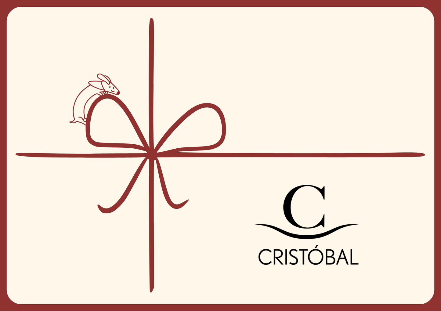 Illustration einer Geschenkkarte mit roter Schleife, kleinem Häschen und dem Logo von CRISTÓBAL – stilvolles Gutscheinmotiv für Interior-Geschenke und exklusive Einrichtungsideen.