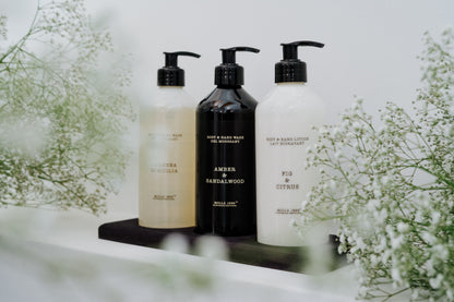 Pflegende Körperseife von Cereria Mollá 1899 mit warmem Amber & Sandalwood Duft. Die 500-ml-Seife mit Chia, Ginseng und Sheabutter eignet sich für Hände und Körper und ist ideal für die tägliche Pflege.