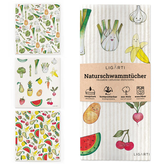 Ligarti Schwammtuch 3er-Set Obst & Gemüse – Spüllappen mit Obst- und Gemüse-Motiv