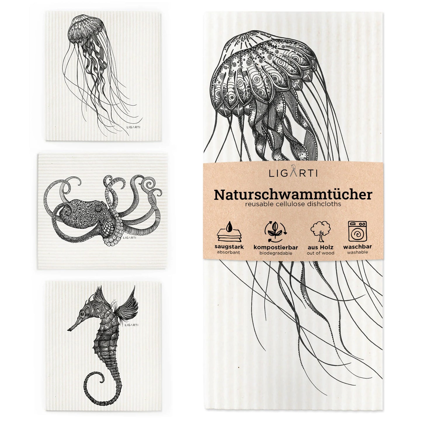 Ligarti Schwammtuch 3er-Set Unterwasser – nachhaltige Spüllappen mit Unterwasserwelt-Motiv