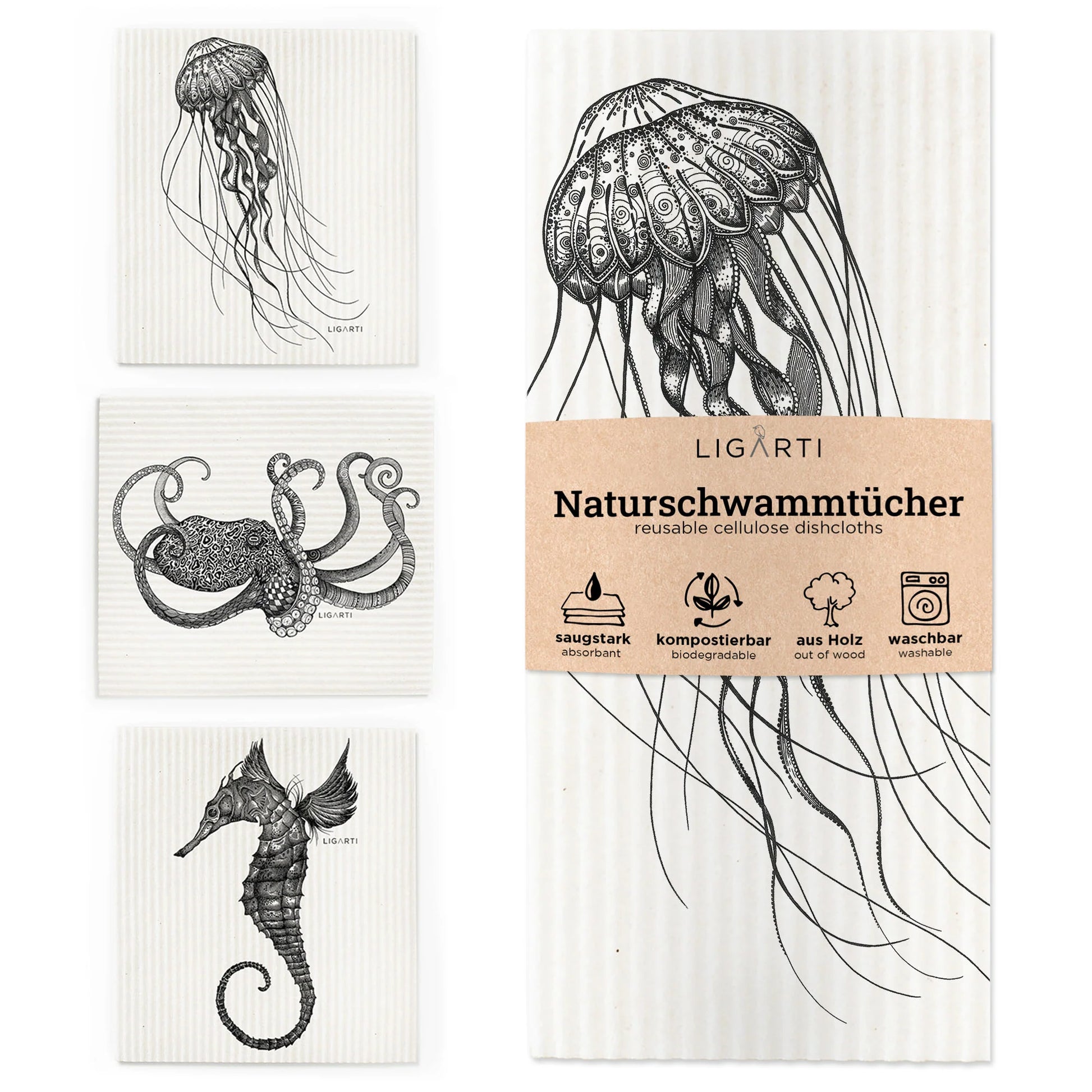 Ligarti Schwammtuch 3er-Set Unterwasser – nachhaltige Spüllappen mit Unterwasserwelt-Motiv