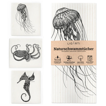 Ligarti Schwammtuch 3er-Set Unterwasser – nachhaltige Spüllappen mit Unterwasserwelt-Motiv
