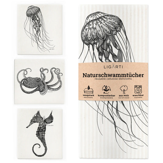 Ligarti Schwammtuch 3er-Set Unterwasser – nachhaltige Spüllappen mit Unterwasserwelt-Motiv