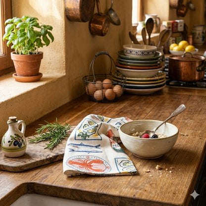 Mediterranes Geschirrtuch Meeresfrüchte – Motiv Nahaufnahme