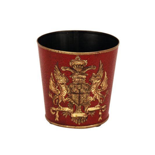 Metall-Übertopf in Rot mit aufgedrucktem goldenen Doppelwappen im royalen Design